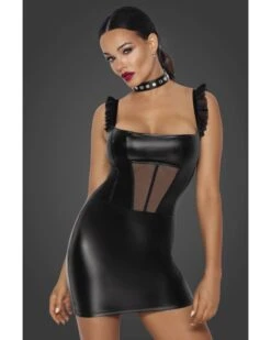 Robe Mini Wetlook à Bretelles Volantées - Noir Handmade